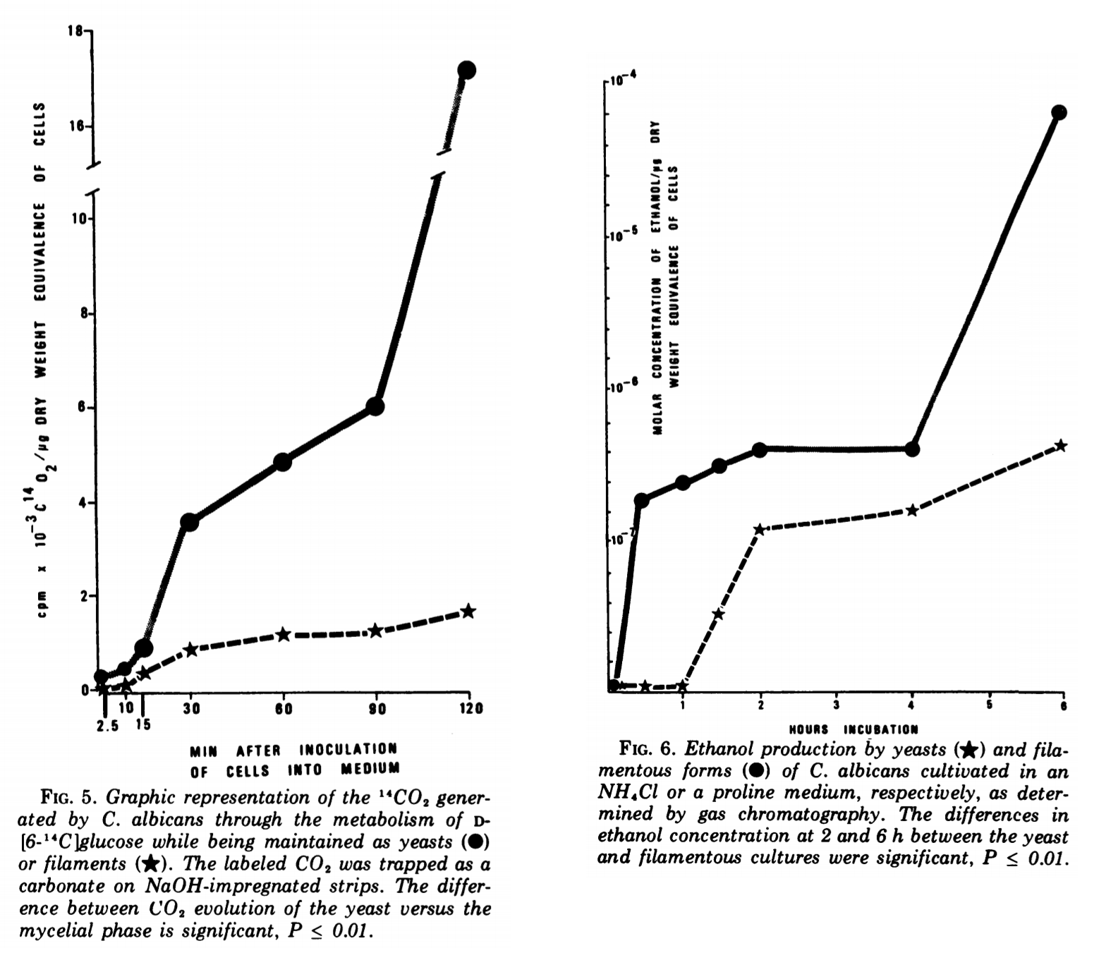 LEFT CHART: C. albicans CO<sub>2</sub> production over time. The circle line shows regular cells, a star line shows hyphal cells. RIGHT CHART: C. albicans alcohol production over time. The star line shows regular cells, a circle line shows hyphal cells.